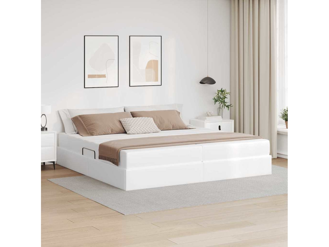 Vidaxl Cama Com Arrumação E Colchão 2 Unid. Branco Couro
