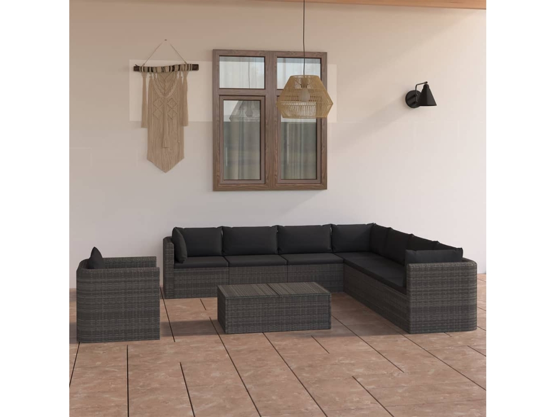 Conjunto 9 Peças Lounge De Jardim C/ Almofadões Vime Pe Cinza Dkd Home Decor