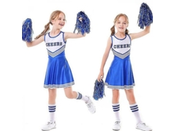 Rebe-traje De Torcida Para Meninas Festa Escolar Halloween Disfarce Musical Com 2 Bolas De Pelo 150 Cm Azul