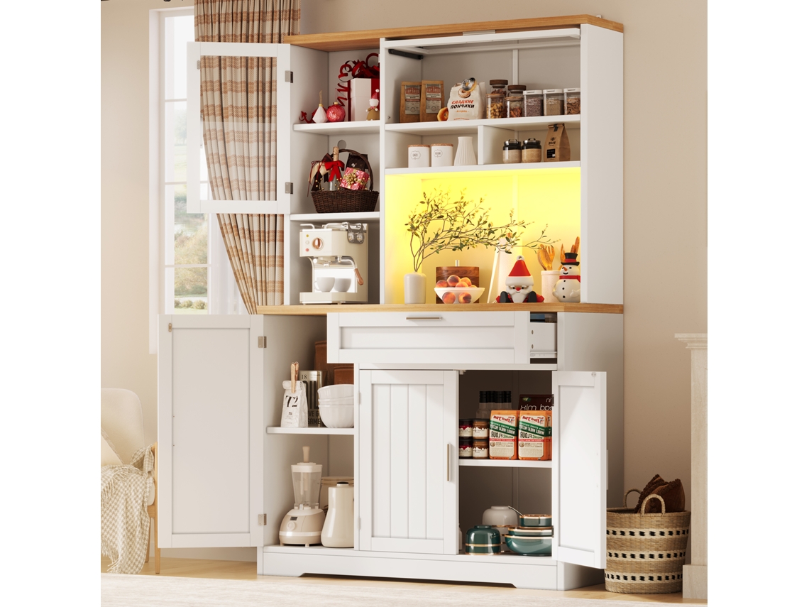 Armário De Cozinha, Armário Alto / Vitrine Com Iluminação Led, 104x40x180 Cm, Branco/preto, Para Cozinha E Sala De Estar Cs