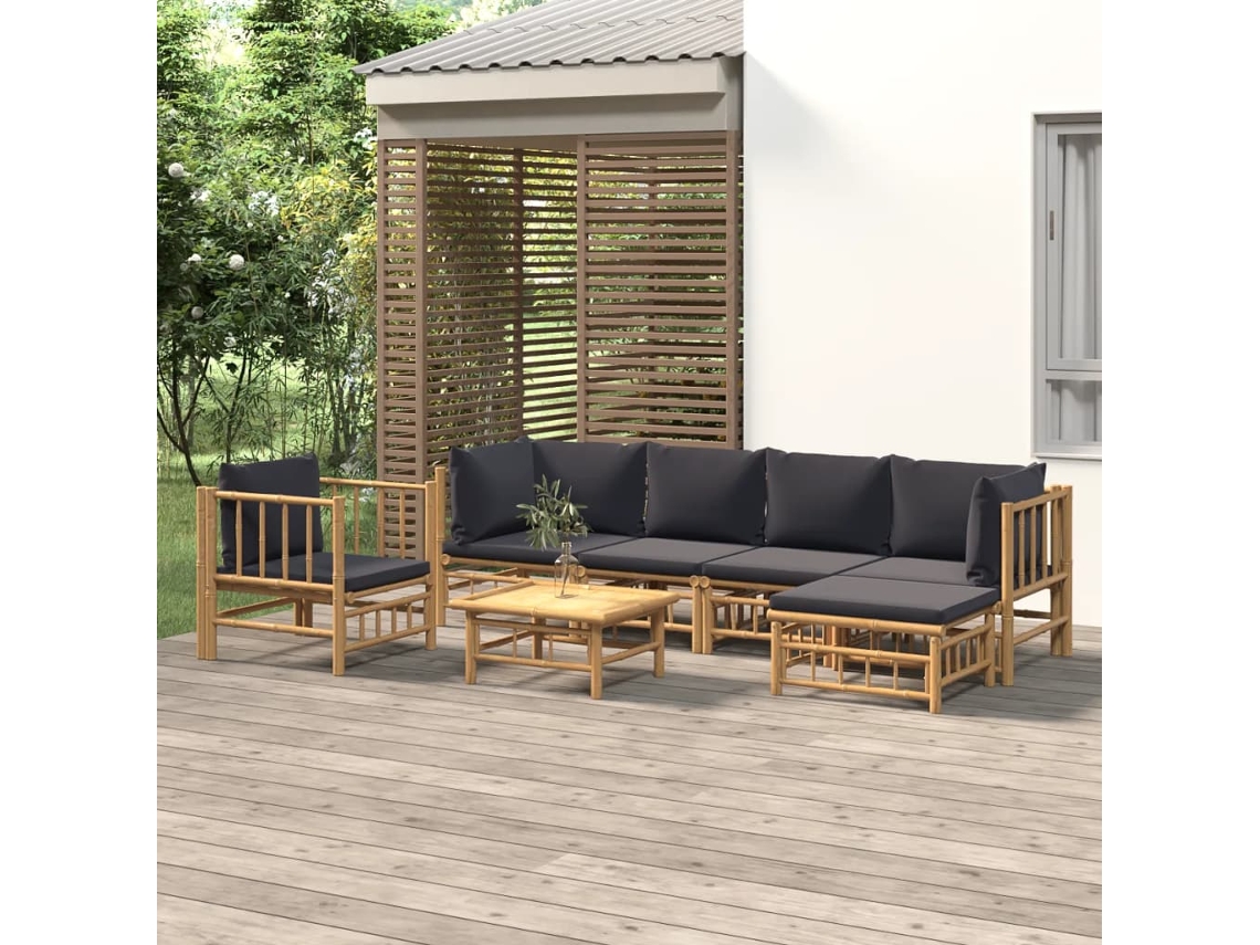 Vidaxl 7pcs Conj. Lounge De Jardim Bambu C/ Almofadões Cinzento-escuro