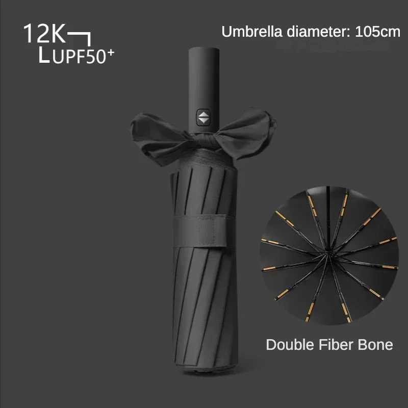 (preto) Guarda-chuva Dobrável Automático Reforçado E Resistente Ao Vento, De Alta Resistência, Com 60 Cm De Diâmetro E Hastes Duplas.
