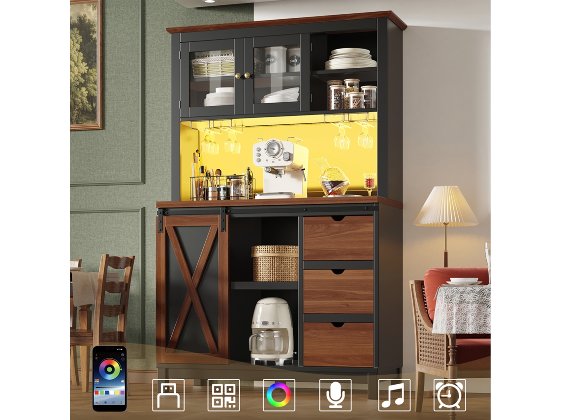 Armário Alto Preto Led Controlável Por App Com Gaveta, Buffet De Porta Corrediça E Três Gavetas Design Moderno