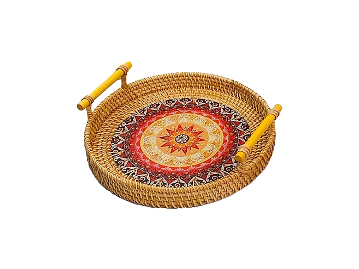 KOFIHETY Bandeja Redonda Com Incrustações De Madrepérola, Bandeja De Servir Feita À Mão Em Rattan Para Café, Pão E Frutas, Cesta Decorativa De Design Tradicion
