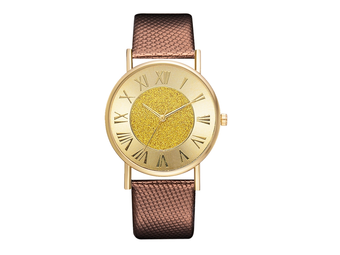 Relógio de Pulso Feminino Casual de Quartzo com Mostrador Redondo e Pulseira de Couro Pu Marrom
