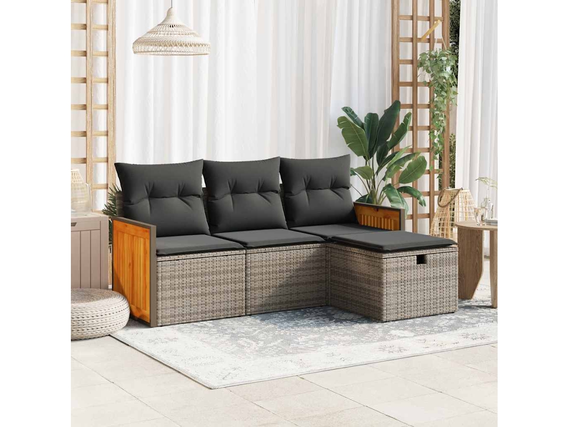 4 Pcs Conjunto Sofás De Jardim C/ Almofadões Vime Pe Cinzento Lovely Home