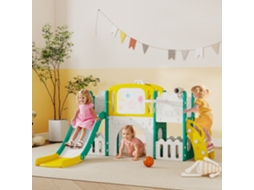 Conjunto de Escorregadores 7 em 1 Infantil com Basquete, Sapos, Escalada e Balanço Amarelo e Verde para Uso Interno e Externo