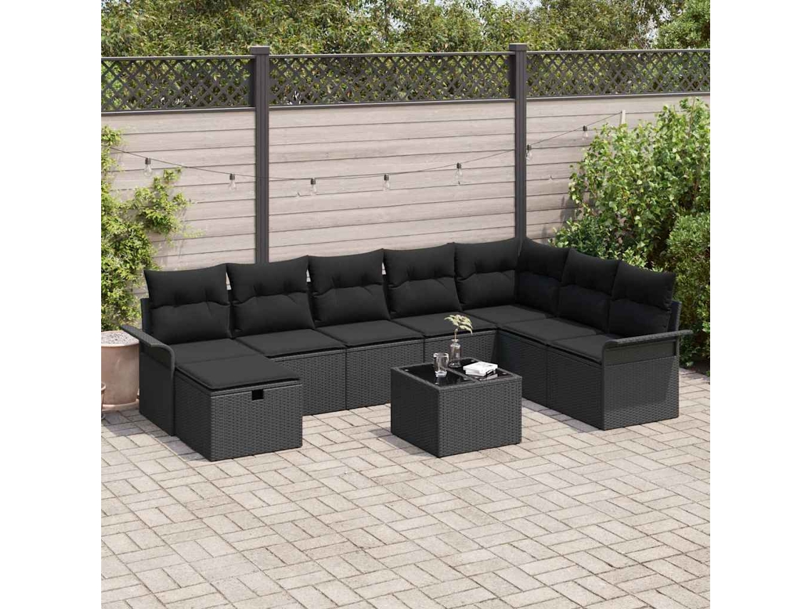 Vidaxl Conjunto De Sofá De Jardim 9 Pcs Preto Rattan Sintético