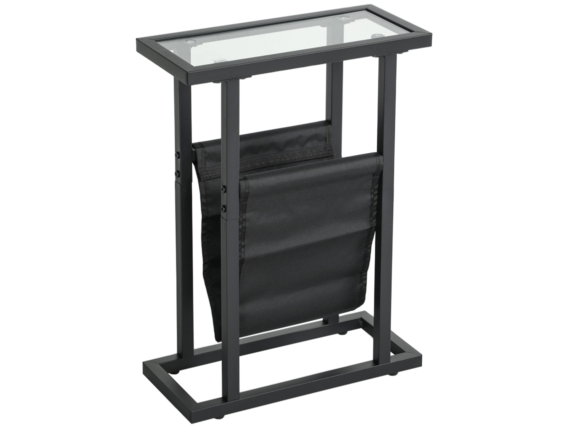 Mesa Auxiliar com Bolso Tecido Metal Vidro Preta 40x18x56cm