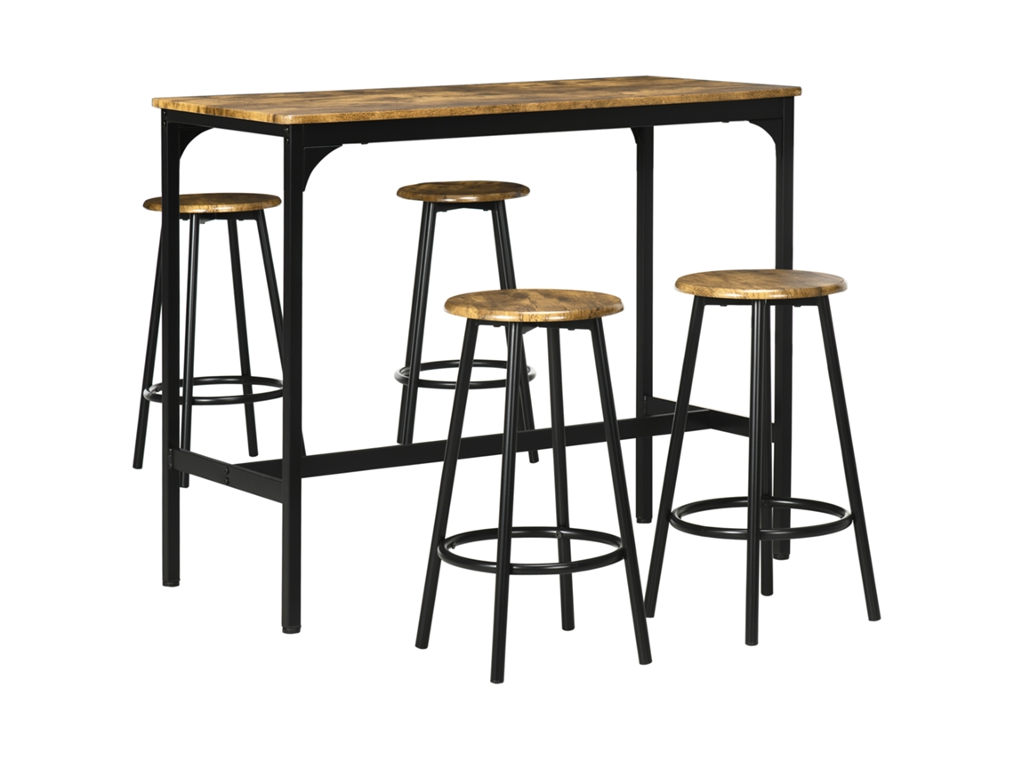 Conjunto De Mesa Alta Com 4 Banquinhos Em Metal Preto E Madeira, Cozinha E Sala De Jantar
