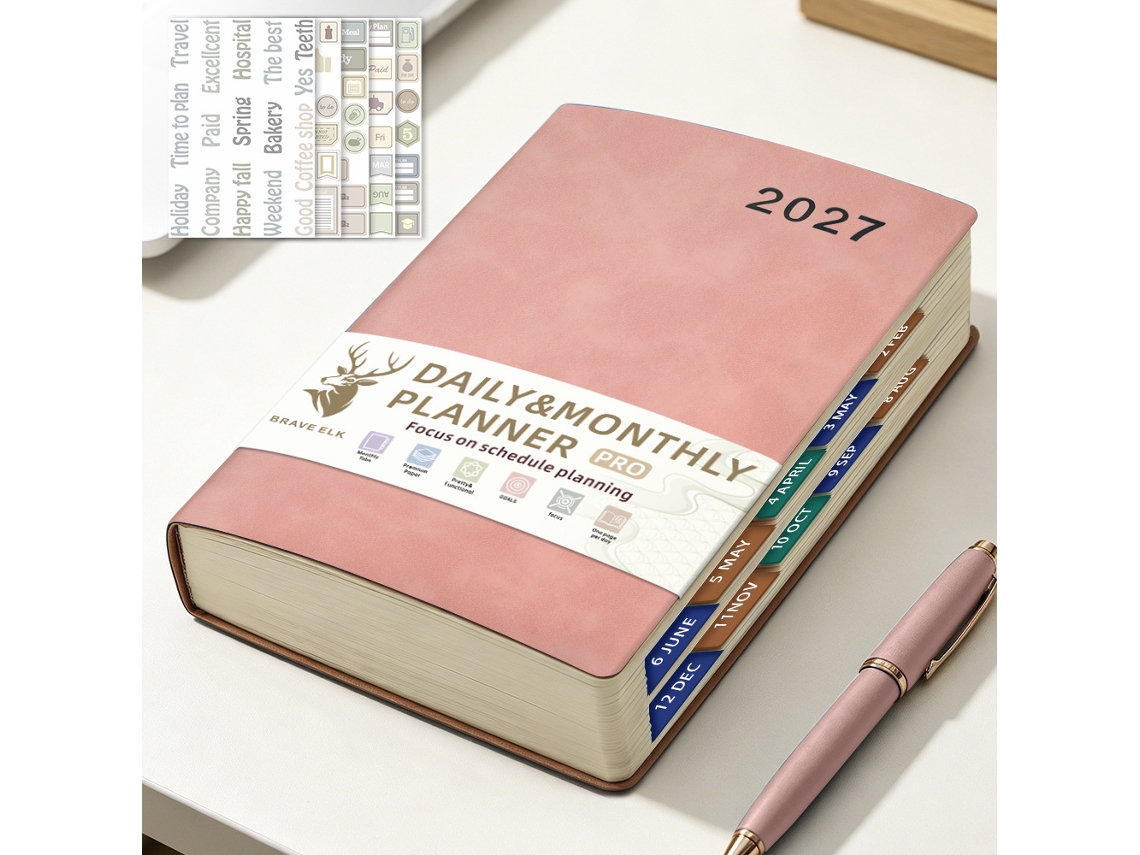 2027 A5 Daily Planner, English Spanish, One Day Per Page, 160-pages, Pink With Stickers And Planning Sheets 5-sheets