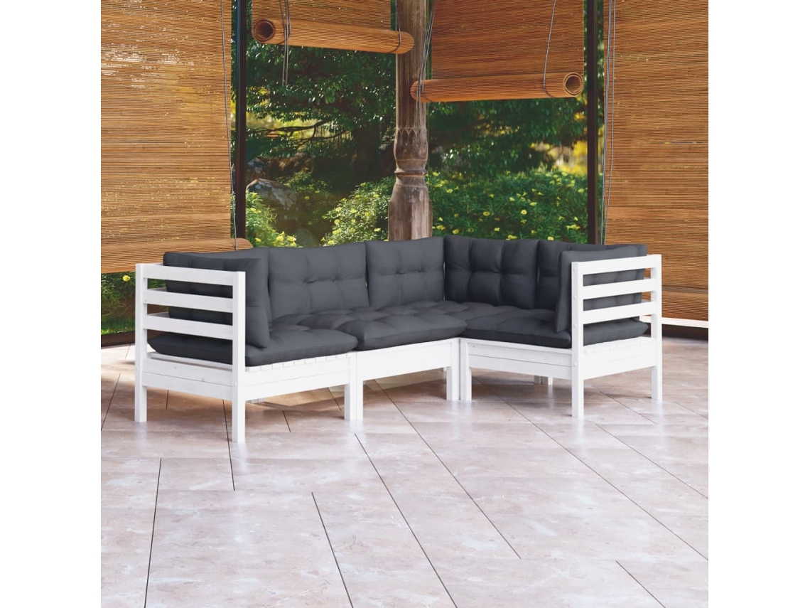 Vidaxl 4 Pcs Conjunto Lounge De Jardim C/ Almofadões Pinho Branco