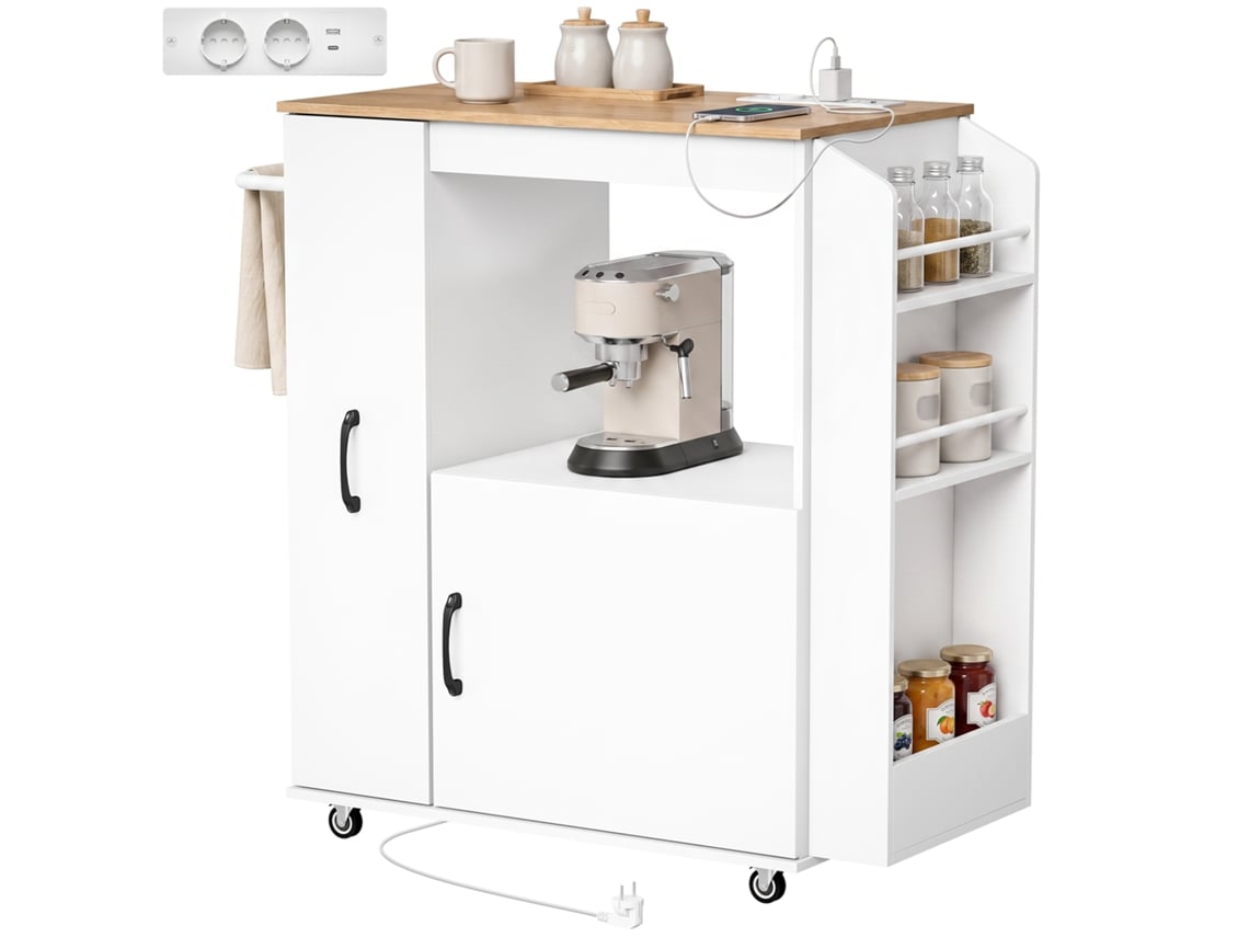 Carrinho De Cozinha Com Tomada Elétrica, Móvel Com Rodas, Branco
