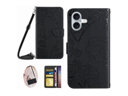 Capa Em Couro Pu Padrão De Flor E Borboleta Para Apple Iphone 16 - Preto