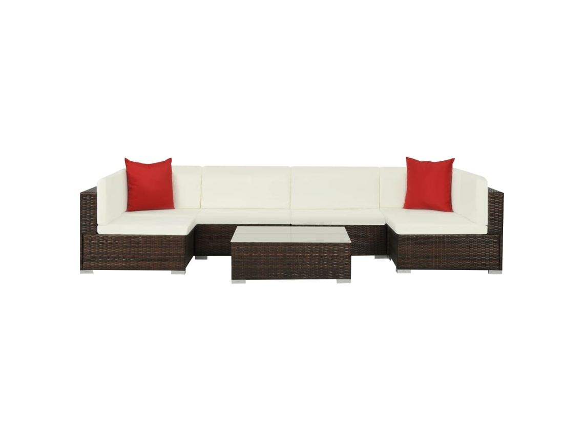 Vidaxl 7 Pcs Conjunto Lounge Jardim C/ Almofadões Vime Pe Castanho