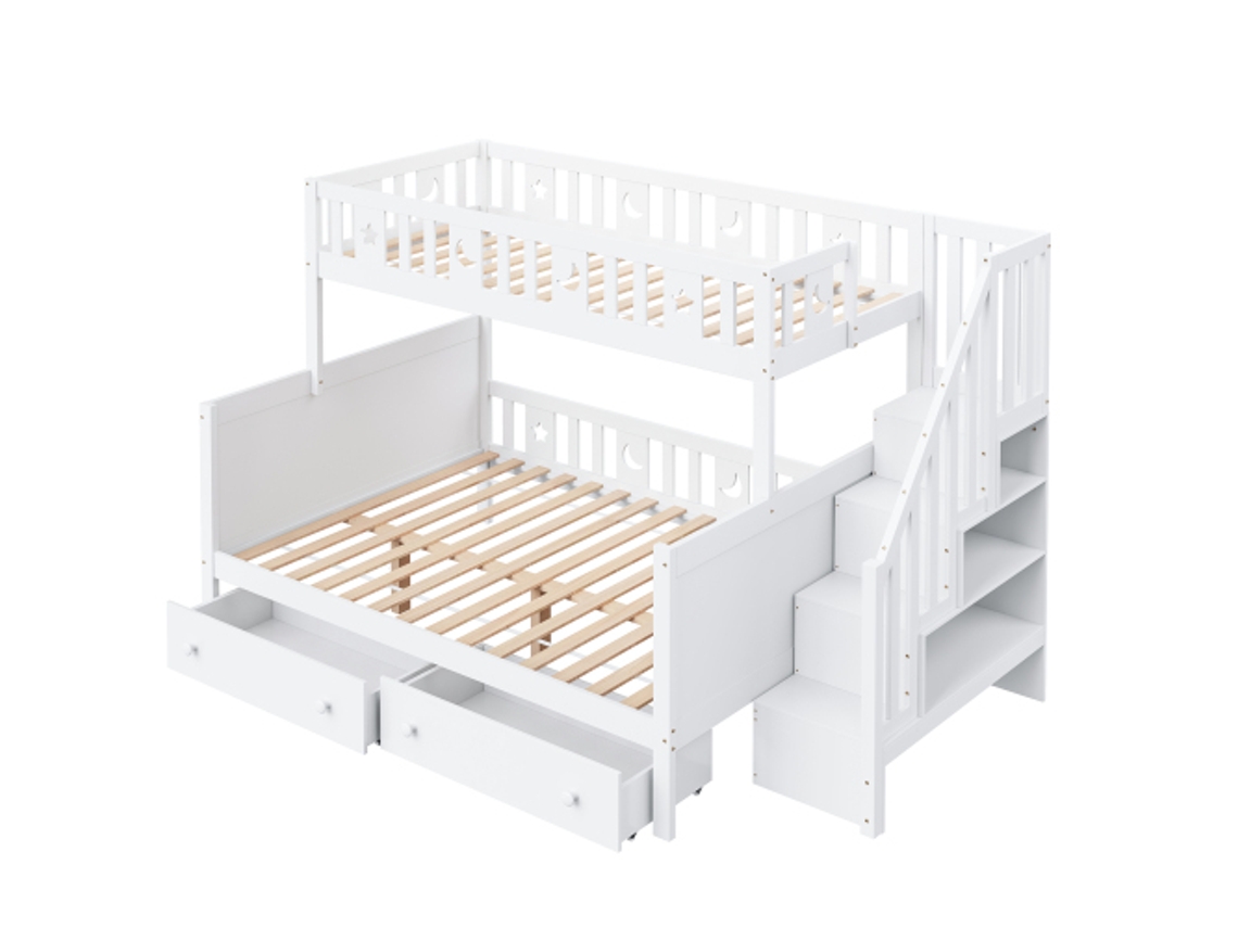 Beliche Infantil 90*200/140*200cm, Em Madeira Maciça Com Escada De Segurança, Duas Gavetas Grandes E Estrado De Ripas, Branco.