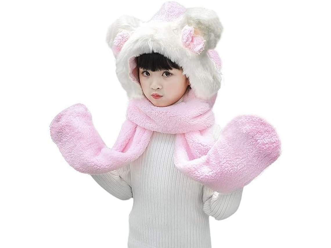 Gorro Luvas Cachecol Menina Traje De Inverno 3 Em 1 Quentinho Com Animalzinho Tamanho Único Rosa