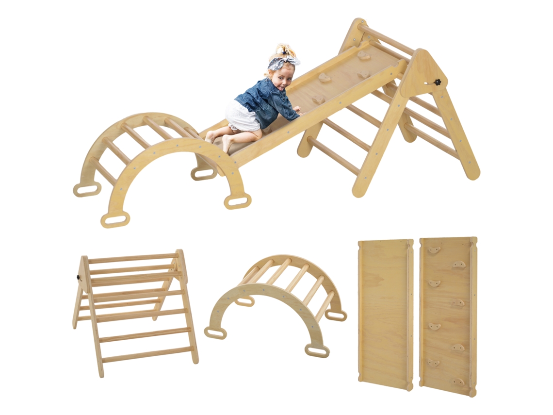 Triângulo De Escalada Dobrável 5 Em 1 Em Madeira Com Rampa, Arco De Escalada Para Crianças, 178 X 64,5 X 63 Cm, Madeira Natural.
