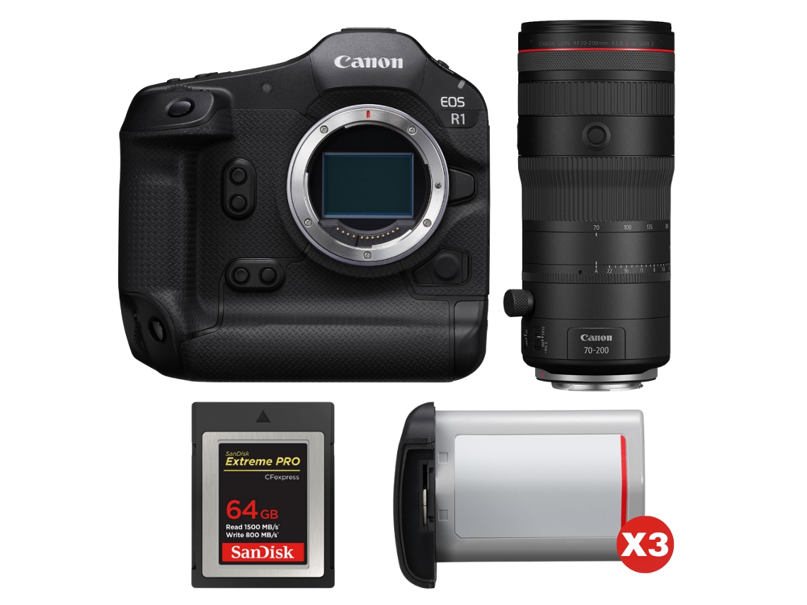 Eos R1 + Rf 70 200mm F/2.8 L Is Usm Z Preto + 1 Sandisk 64gb Extreme Pro Cfexpress Type B + 3 Canon Lp e19 + Ebook Pricedirect CANON