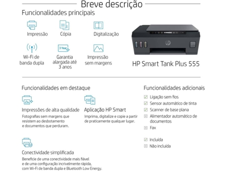 Impressora HP Smart Tank Plus 555 (Multifunções - Jato de Tinta) — HP Smart Tank Plus 555