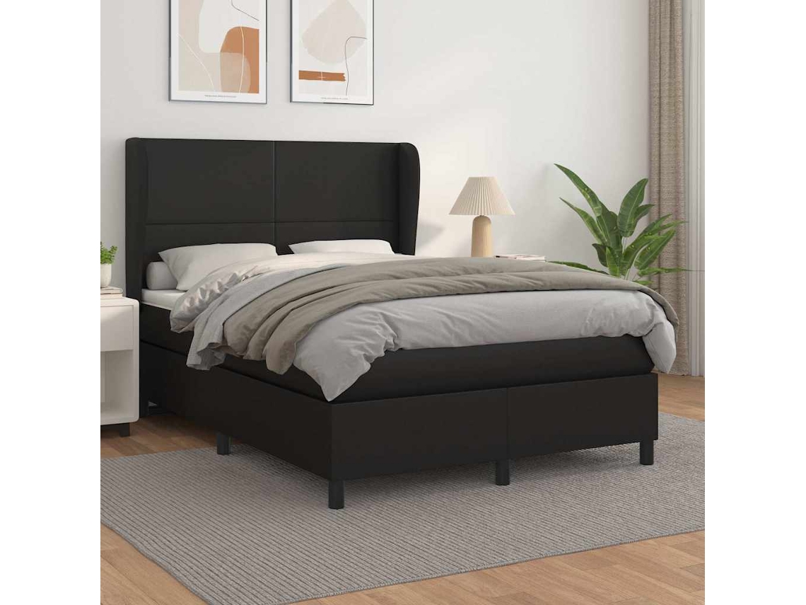 Vidaxl Cama Com Molas/colchão 140x200 Cm Couro Artificial Preto
