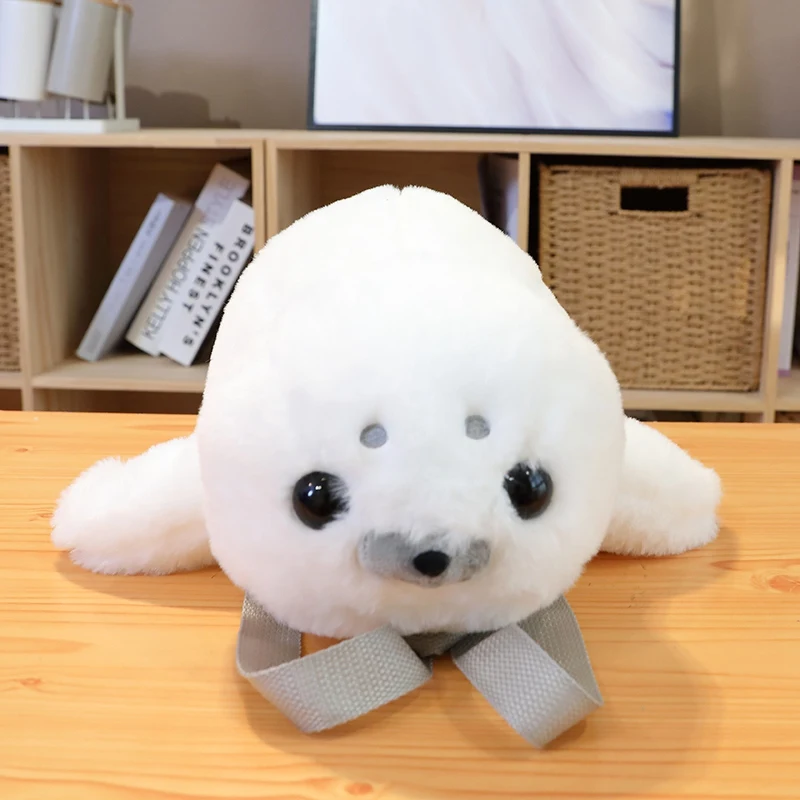 (Branca, 38 cm) Mochila e almofada realistas com estampa de foca animada