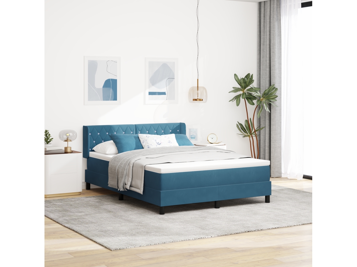 Cama Box Spring Com Colchão Azul Escuro 140x190 Cm Veludo