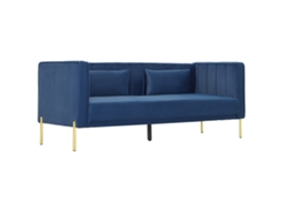 Sofá 3 lugares veludo azul marinho 194,5x76x76 Cm com 2 almofadas, pés dourados, apoio braços | S/MARCA