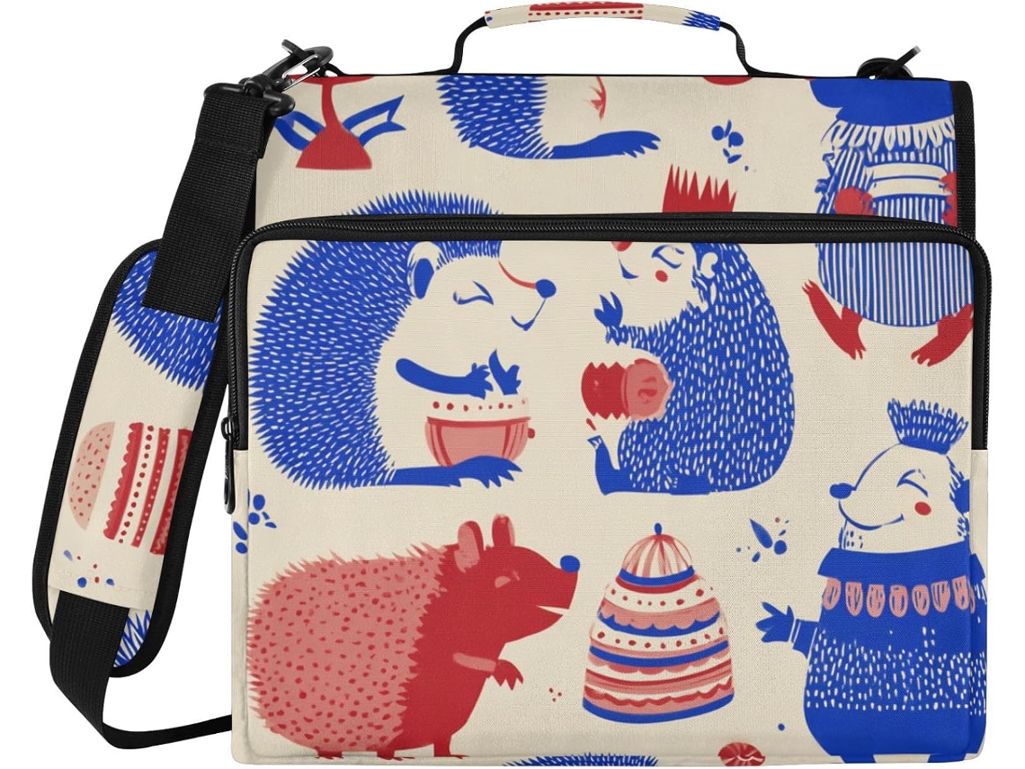 Bolsa divertida com 3 argolas e estampa de ouriço azul, 8 cm, 1,5 polegadas, com bolsas extras e alça de ombro removível.