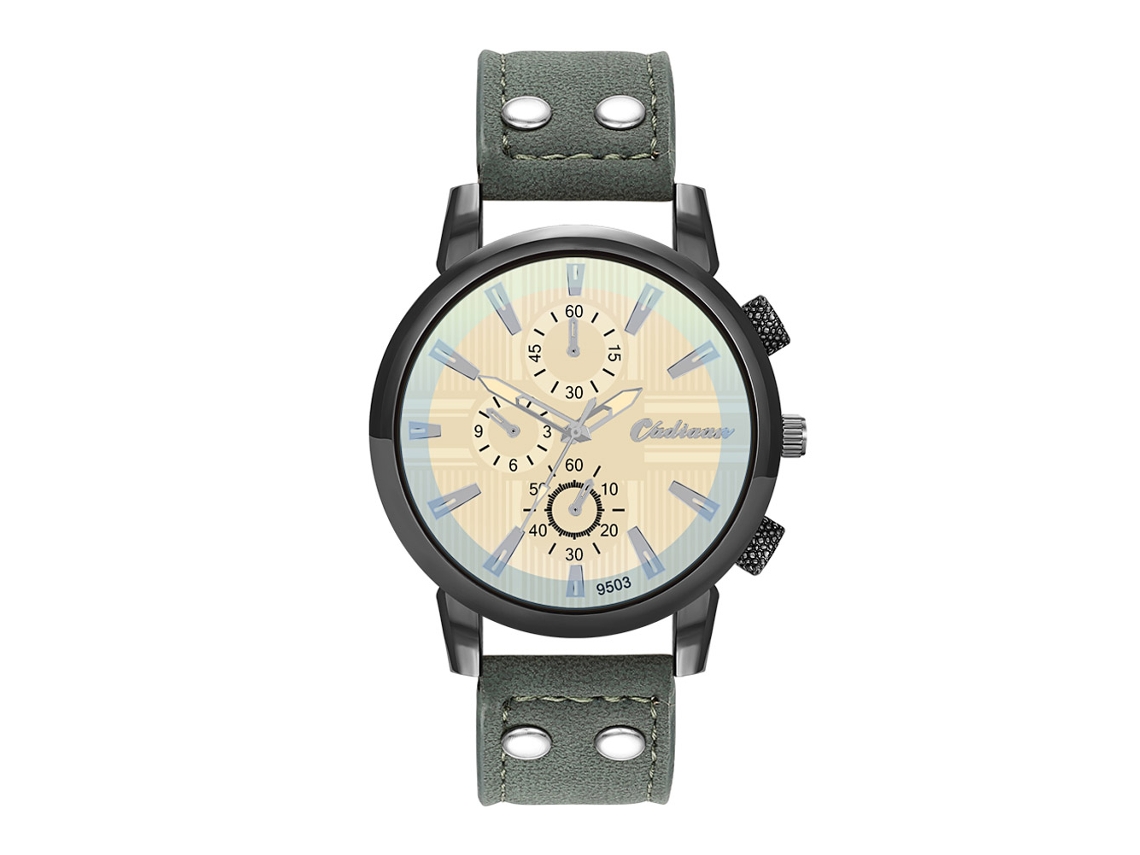 Relógio masculino de quartzo com pulseira de couro PU, mostrador de três mostradores e design moderno.