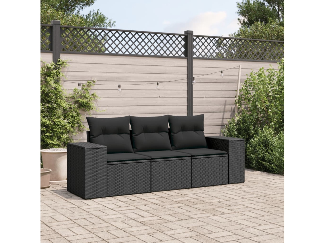 Vidaxl 3 Pcs Conjunto Sofás De Jardim Com Almofadões Vime Pe Preto