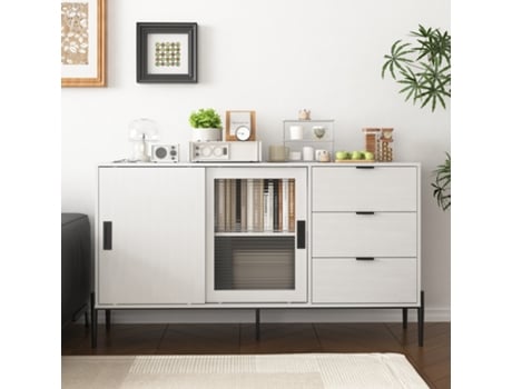 Sideboard Moderno Com Porta De Vidro Deslizante E 3 Gavetas,mesa De Consola Para Entrada,buffet De Cozinha,branco Mega Echo Trade Shop