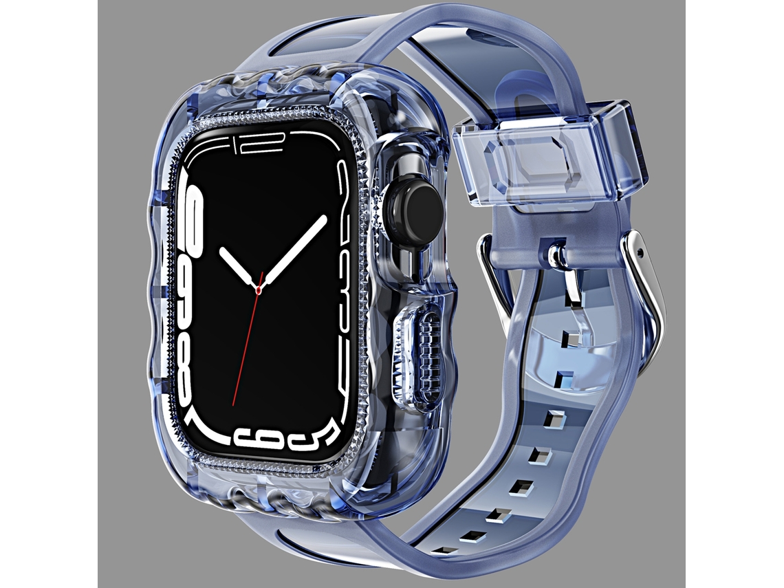 Bracelete de relógio com caixa integrada TPU para Apple Watch série 8 e 7 45 mm / SE 2 e 6 e SE e 5 e 4 44 mm / 3 e 2 e 1 42 mm (azul transparente)