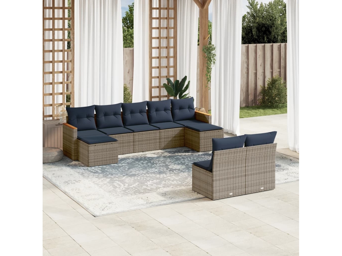 Vidaxl Conjunto De Sofá De Jardim De 9 Peças Com Almofadas Em Rattan Sintético Cinza