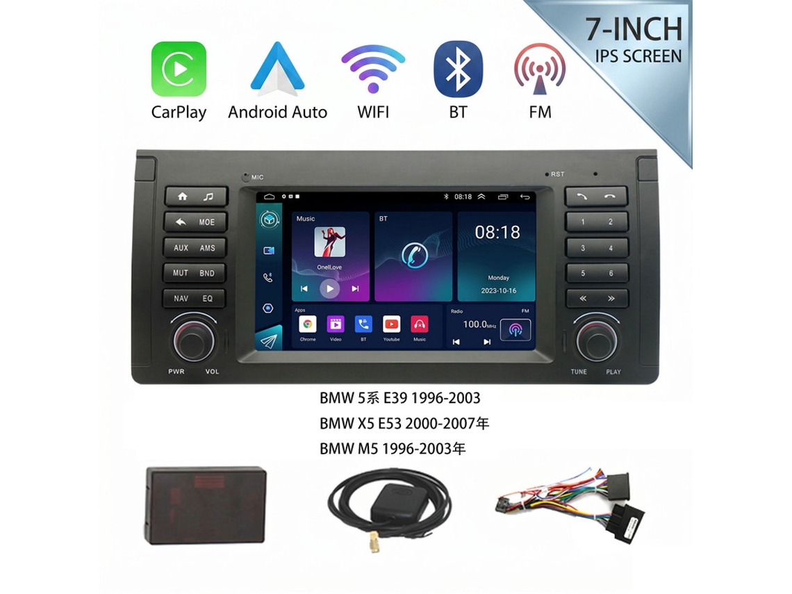 Autorádio SZSMART BMW Série 5 X5 M5 E39 E53 4 core 2gb+32gb, Carplay Sem Fios e Android Auto, GPS, Comando no Volante, Plug Play