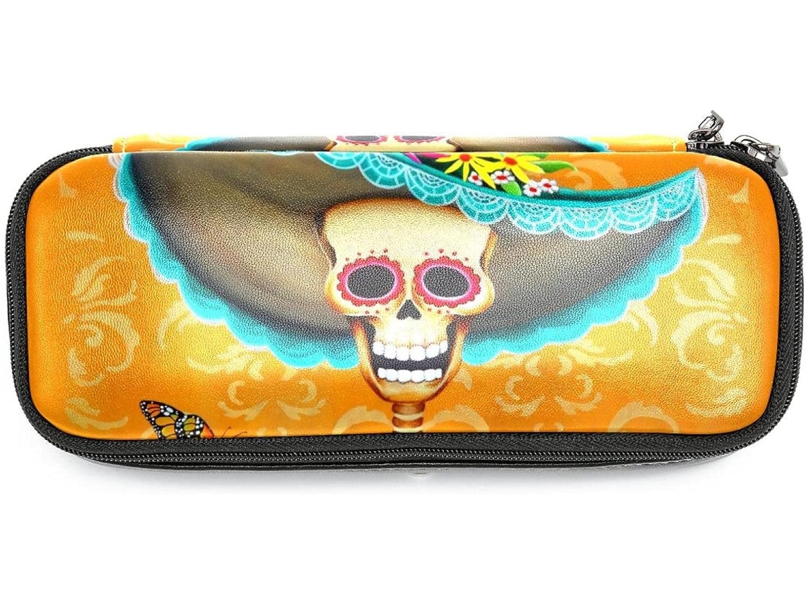 Estojo para lápis com estampa mexicana de caveira, flores e borboletas, grande capacidade, organizador de canetas