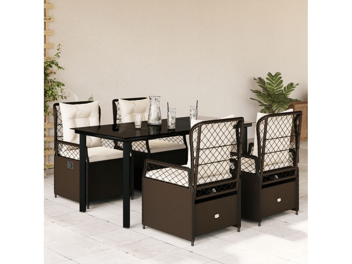Vidaxl 5 Pcs Conjunto Jantar P/ Jardim C/ Almofadões Vime Pe Castanho