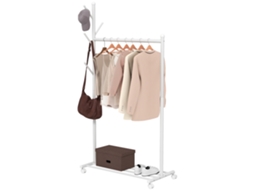 Charriot Com Rodas 5 Ganchos Barra Para Pendurar E Prateleira Inferior 86x43x171 Cm Branco