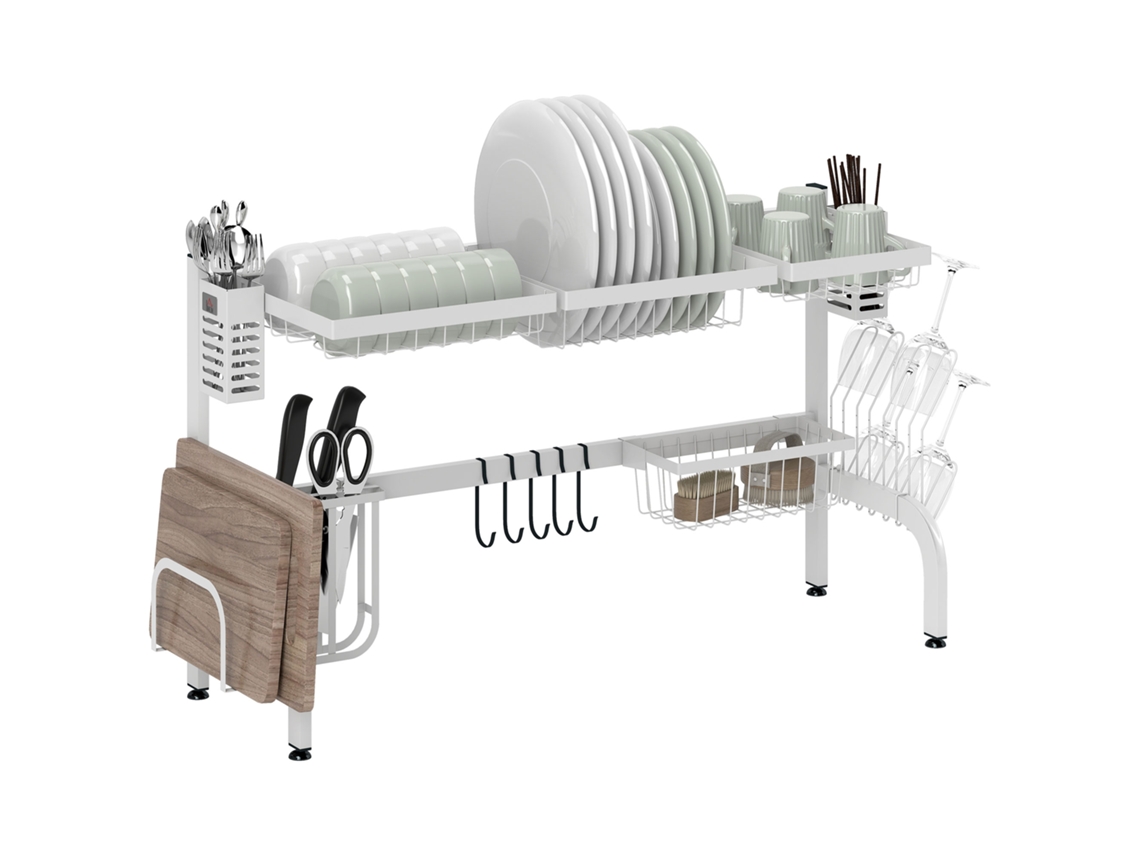 Escorredor de Louça de Aço, 2 Níveis, com Prateleira para Pratos, Suporte para Facas e Talheres, 100x30x54,5 Cm, Branco, ZENCORE SERVICES