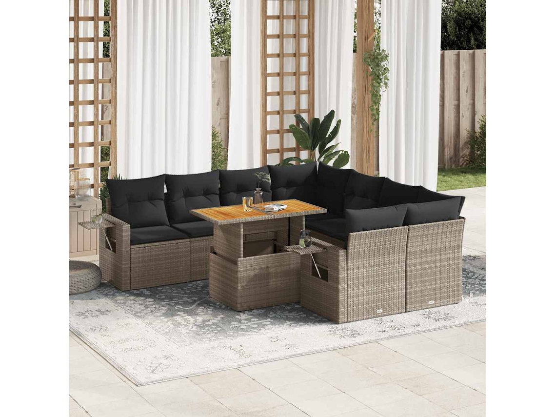 Vidaxl 9 Pcs Conjunto Sofás P/ Jardim Com Almofadões Vime Pe Cinzento