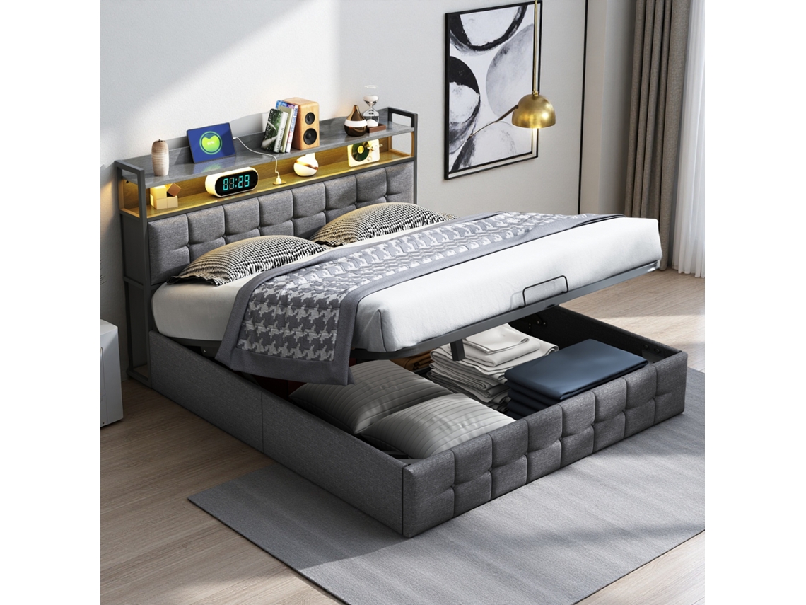 Cama De Casal 160x200 Cm Estofada Em Tecido Cinza,cabeceira Com Luz Led,tomadas E Posto De Carregamento,caixa Hidráulica De Armazenamento
