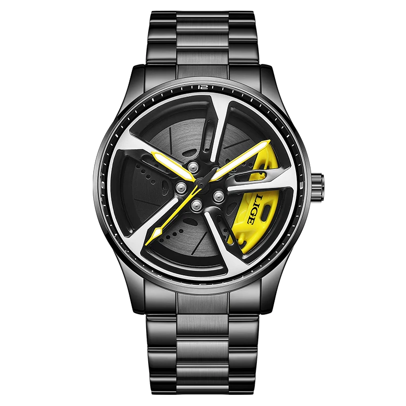 Relógio Esportivo Em Formato De Roda De Carro (preto E Amarelo), Com Mostrador Em Aço Inoxidável.