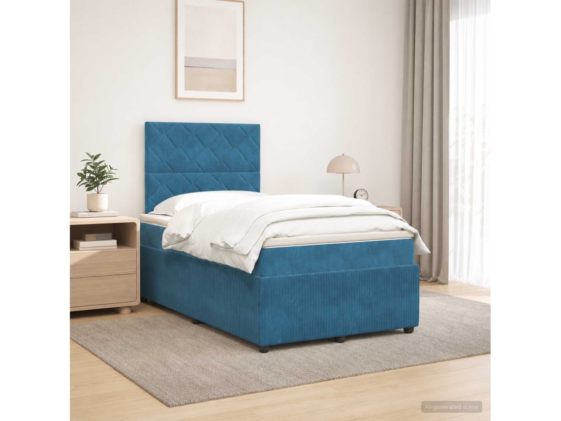 Vidaxl Cama Box Spring Com Colchão Azul 120 X 190 Cm Veludo