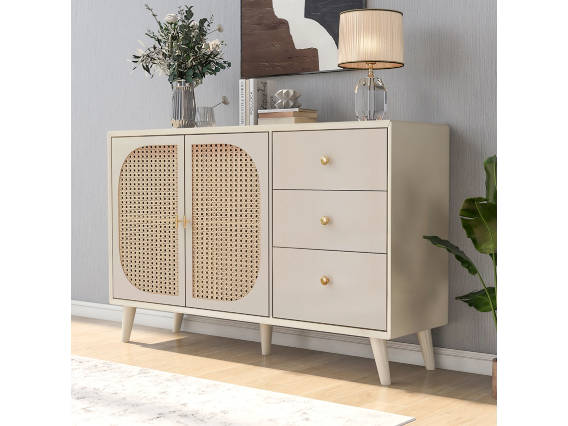 Buffet E Móvel Tv Largura 120cm Branco Creme Com Portas E Gavetas, Amplo Espaço De Arrumação Sala E Sala De Jantar
