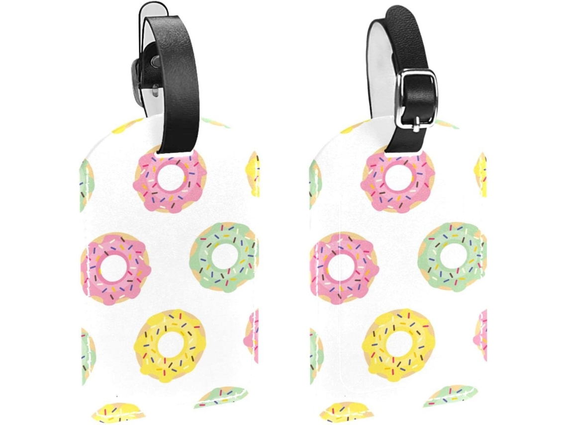 Conjunto De 2 Etiquetas Bagagem Em Imitação Couro Com Design Donut, Rosa Amarelo Verde