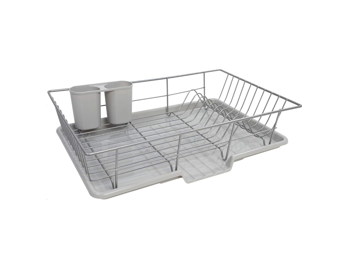 Escorredor de pratos para cozinha com espaço para talheres, suporte de metal resistente a arranhões, bandeja coletora de água e bicarbonato de sódio - aquaforge
