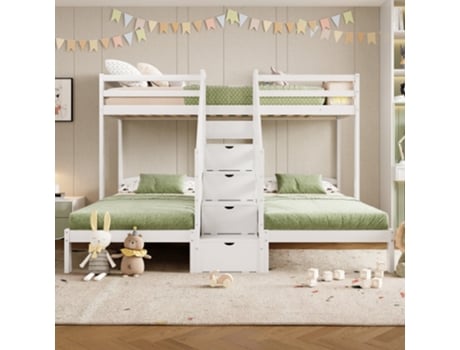 Cama Alta, 90 X 200 Cm, 3 Camas, Madeira De Pinho, Escada Retrátil Com Gavetas, Corrimão, Certificação En 747, Sem Colchão, Branco