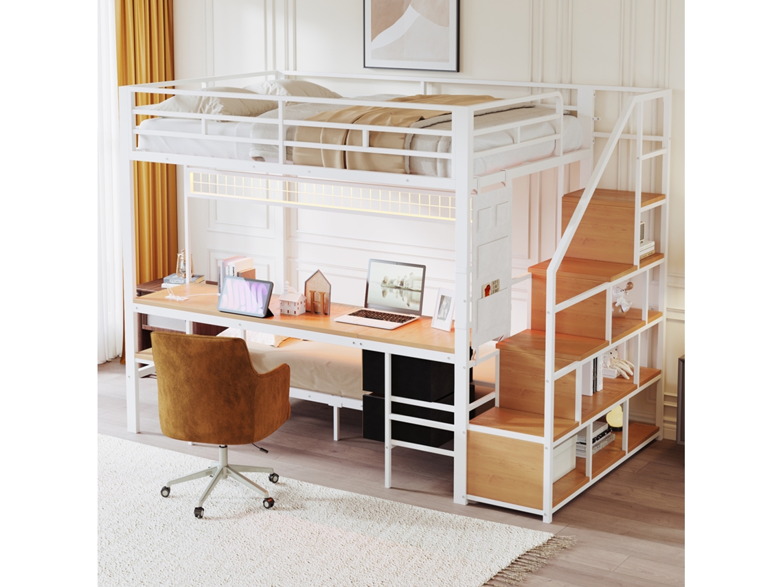 Cama Alta Metal 140x200 + 90x200 Cm, Multifuncional Com Escrivaninha, Led, Tomadas E Armazenamento, Gavetas De Tecido, Branco