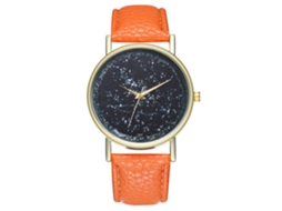 Relógio de quartzo unissex com pulseira de couro PU, mostrador moderno, laranja universo
