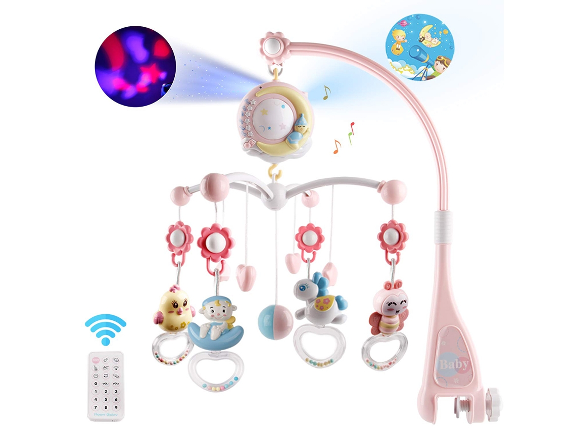Walshlxq brinquedo Educativo para Bebês: Mobile Musical com Cascabeles de Animais Bonitos, Projetor e Caixa Musical para Berço